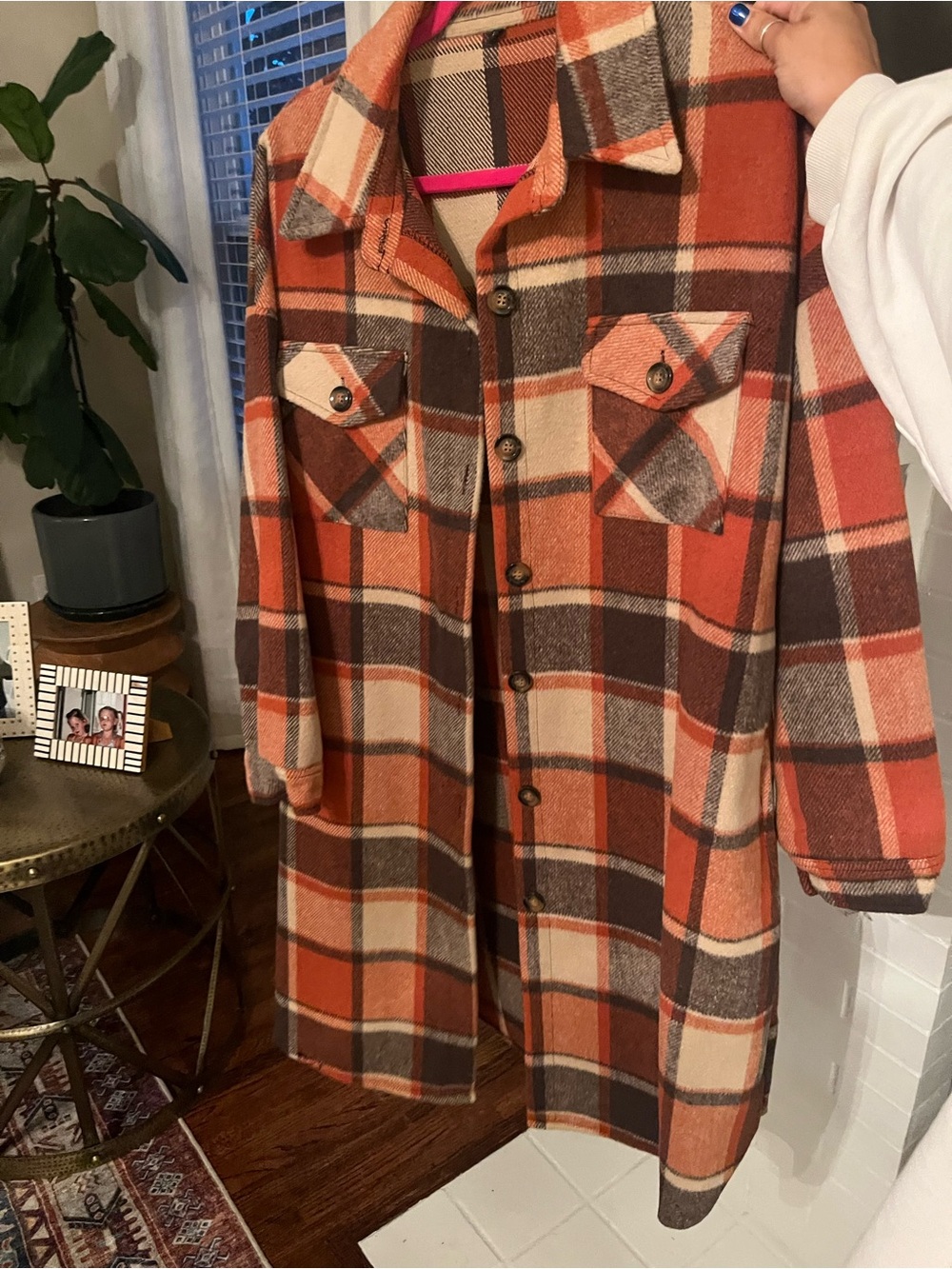 Plaid Button-Front Shacket in Orange and Brown